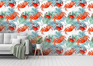 fototapeta krab i tropikalne liscie akwarela