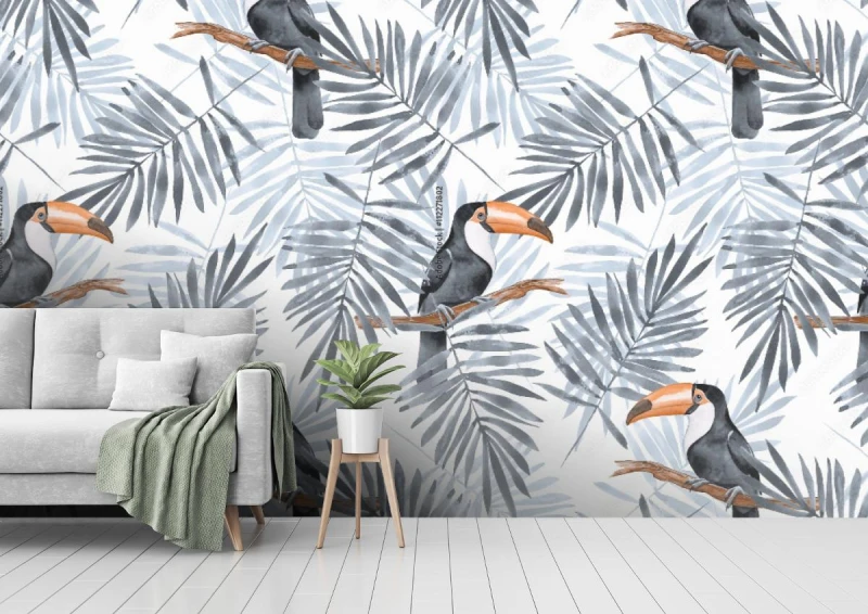 fototapeta liscie palmowe i tukan akwarela bezszwowy wzor 2