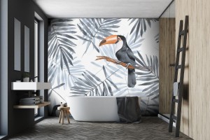 fototapeta liscie palmowe i tukan akwarela bezszwowy wzor 2