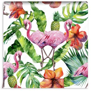 fototapeta rozowe flamingi liscie kwiaty