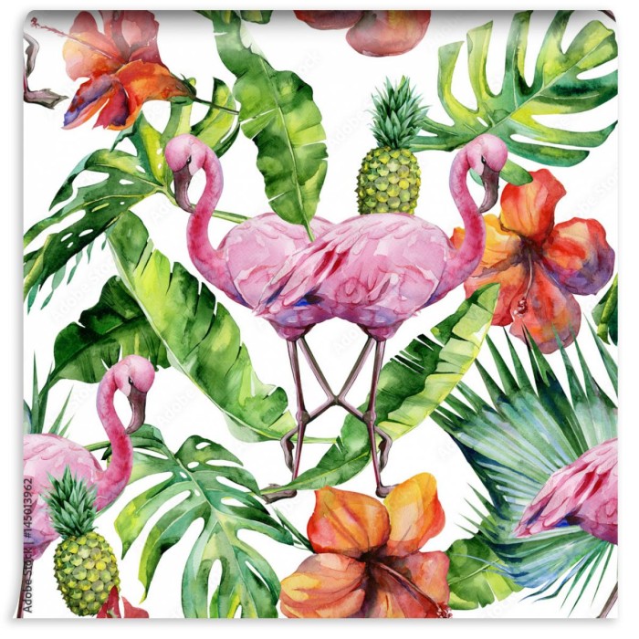 fototapeta rozowe flamingi liscie kwiaty