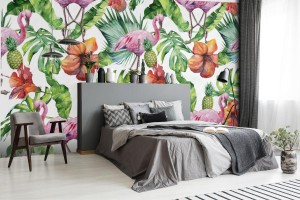 fototapeta rozowe flamingi liscie kwiaty