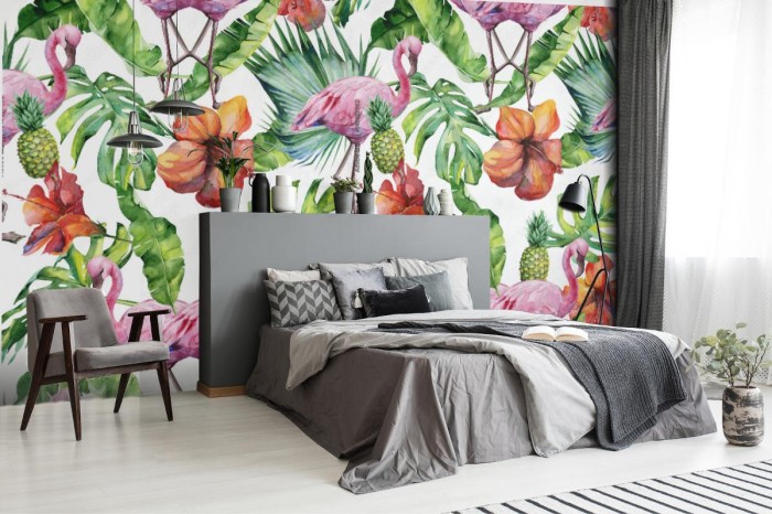 fototapeta rozowe flamingi liscie kwiaty