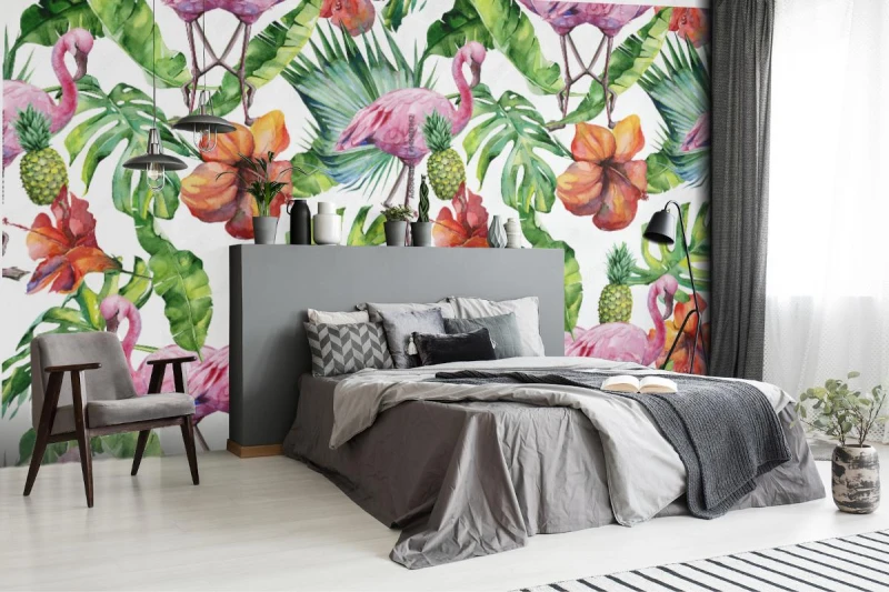fototapeta rozowe flamingi liscie kwiaty