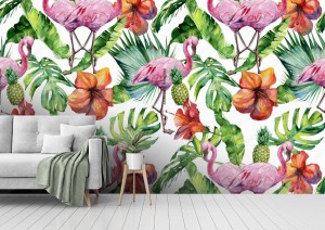 fototapeta rozowe flamingi liscie kwiaty