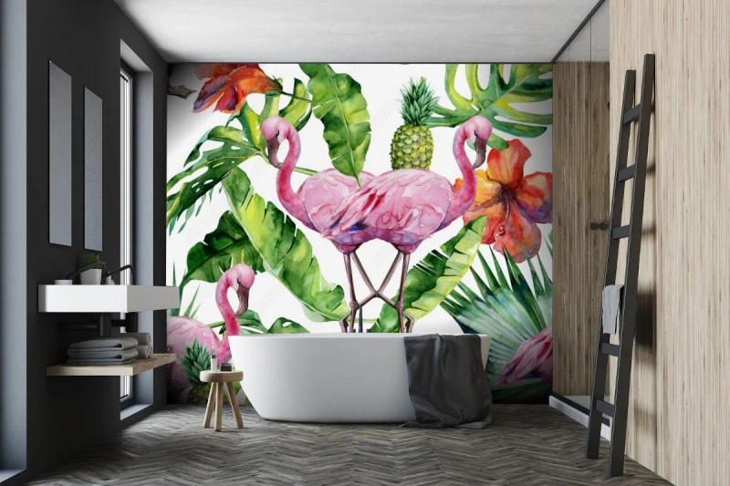 fototapeta rozowe flamingi liscie kwiaty