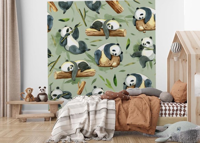 fototapeta akwarela bezszwowe wzor roznych panda i lisci