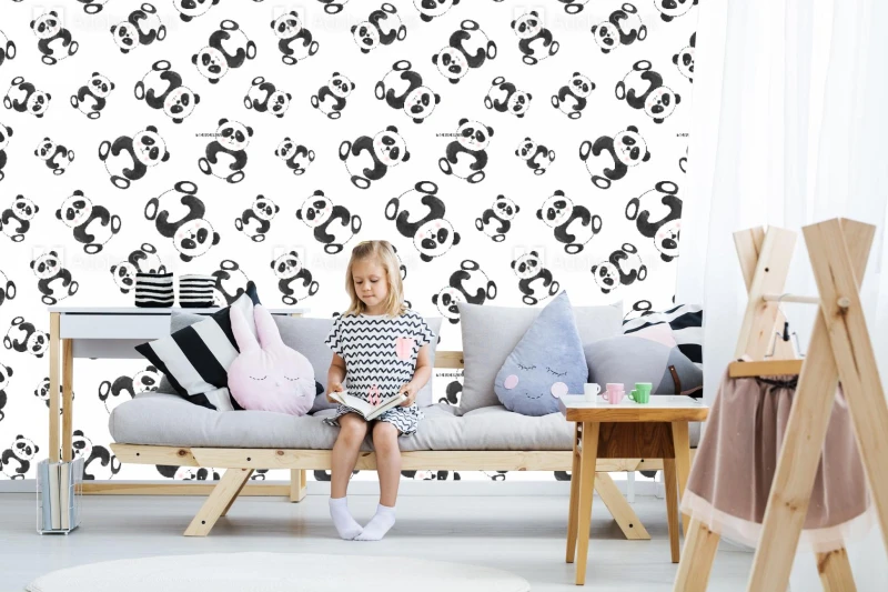 fototapeta bezszwowy sliczny kreskowki pandy wzor il