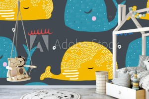 fototapeta bezszwowy wzor z kreskowek wielorybami ryby o