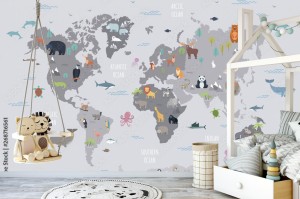 fototapeta mapa swiata ze zwierzetami