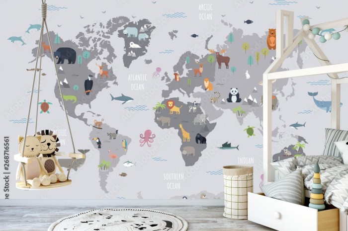 fototapeta mapa swiata ze zwierzetami