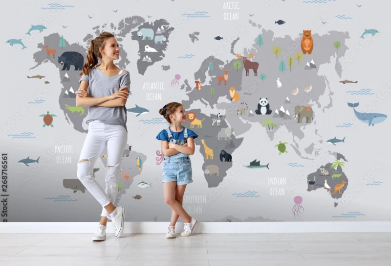fototapeta mapa swiata ze zwierzetami