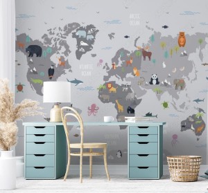 fototapeta mapa swiata ze zwierzetami