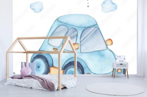 fototapeta akwarela ladny niebieski samochod auto zabawka dla chlopca dziecka