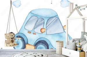 fototapeta akwarela ladny niebieski samochod auto zabawka dla chlopca dziecka