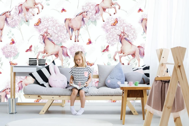 fototapeta akwarela bezszwowe wzor z jednorozcem