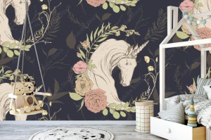 fototapeta graficzny kwiatowy wzor jednorozec z