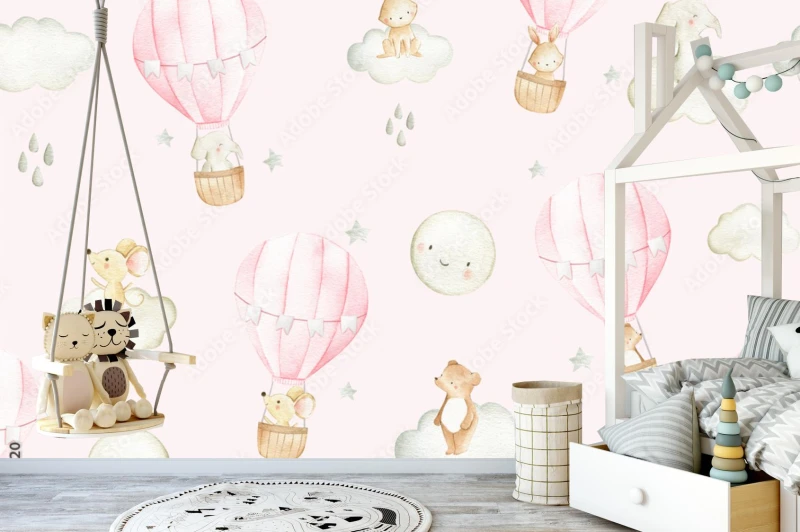 fototapeta rozowa w balony zwierzeta