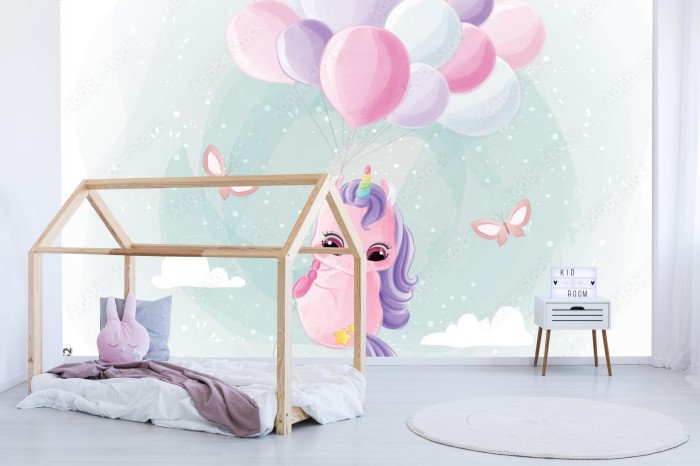 fototapeta slodki jednorozec lecacy z balonami