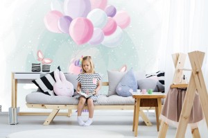 fototapeta slodki jednorozec lecacy z balonami