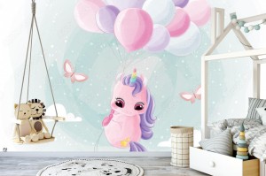 fototapeta slodki jednorozec lecacy z balonami