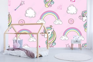 fototapeta slodkie tlo z jednorozcem i chmurami na rozu