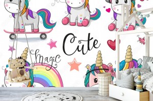 fototapeta zestaw cute cartoon jednorozce
