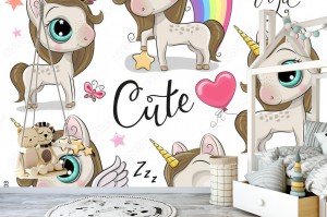 fototapeta zestaw slicznych jednorozcow na bialym tle