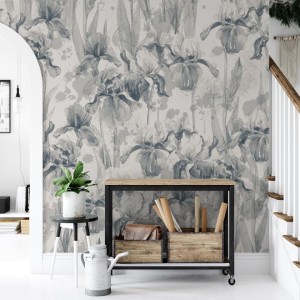 fototapeta mural z kwiatow irysy w odcieniach szarosci