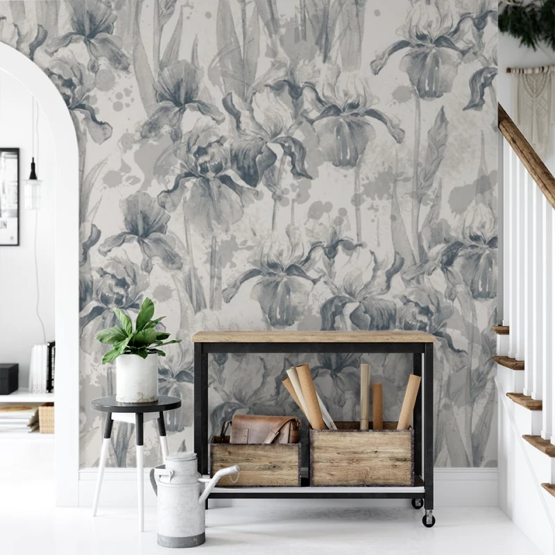 fototapeta mural z kwiatow irysy w odcieniach szarosci