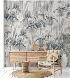 fototapeta mural z kwiatow irysy w odcieniach szarosci