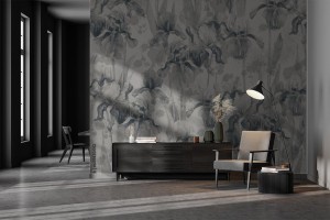 fototapeta mural z kwiatow irysy w odcieniach szarosci
