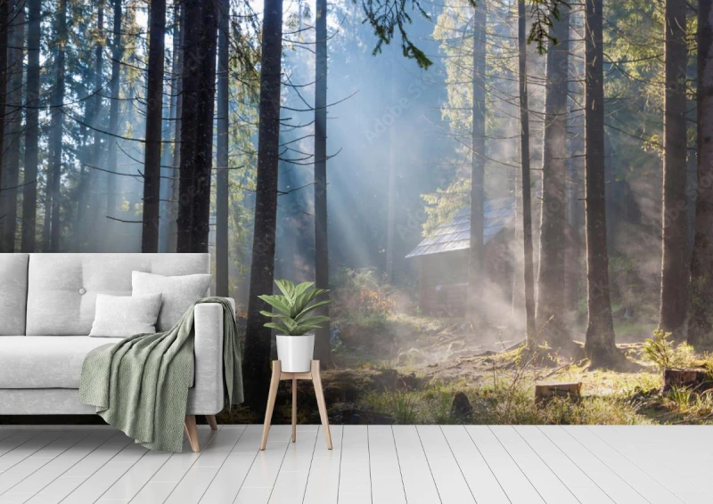 fototapeta drzewa i promienie slonca w lesie