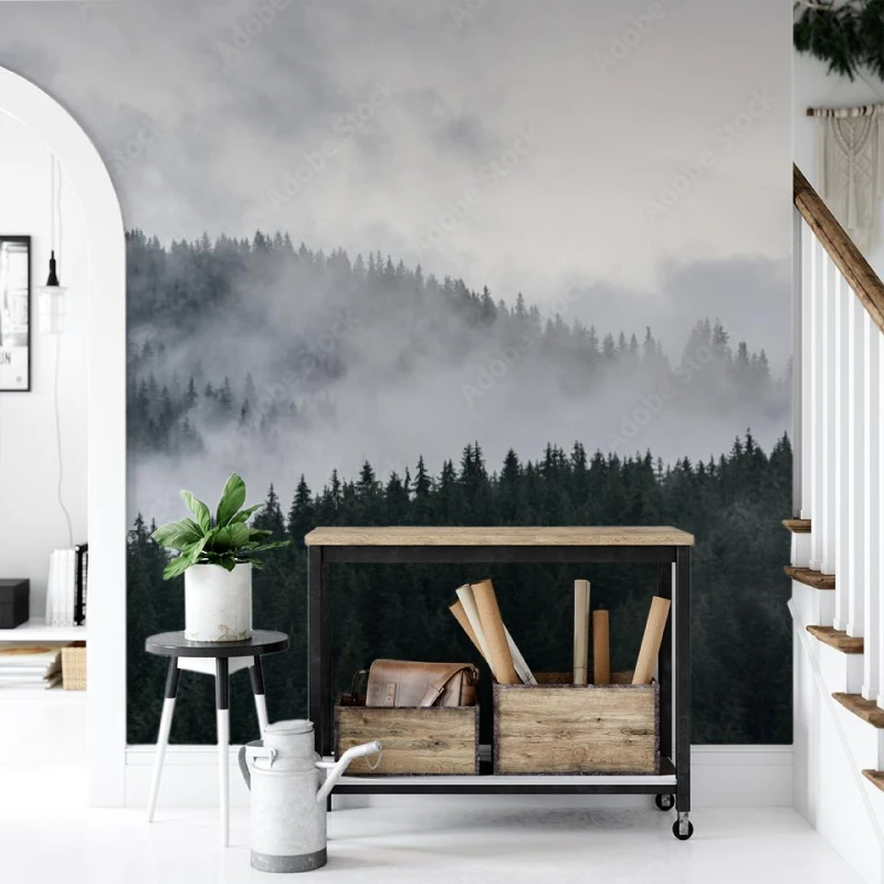fototapeta gesty las sosnowy w porannej mgle