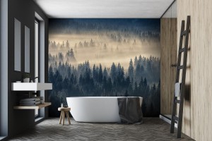 fototapeta las iglasty we mgle w gorach