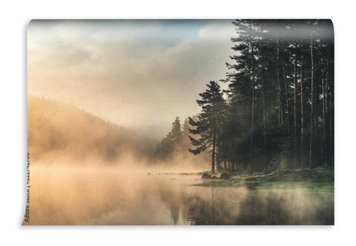 fototapeta poranna mgla nad jeziorem strzal wschodu slonca