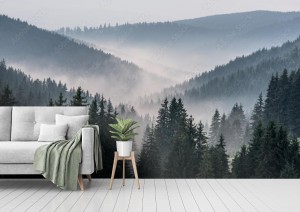 fototapeta widok z gor na doline pokryta mgla