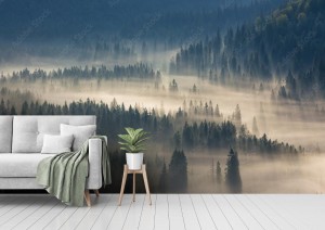 fototapeta wzgorza i las iglasty w chmurach