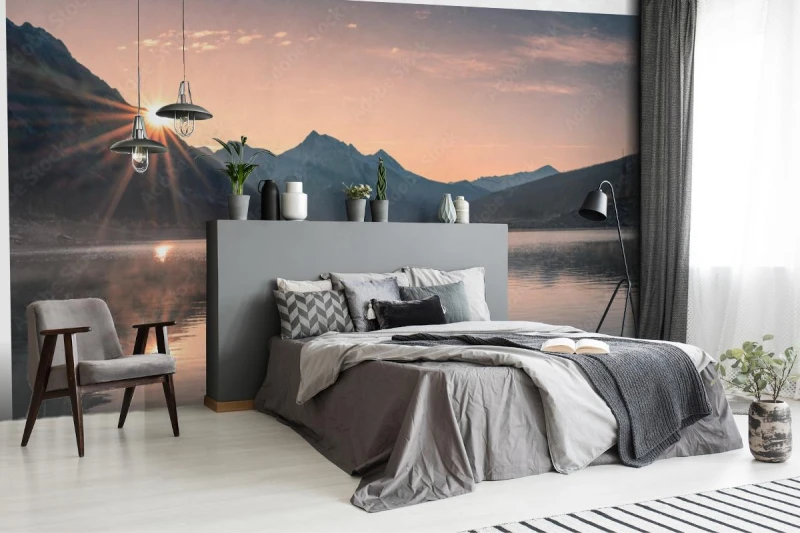 fototapeta wschod slonca na gorze z mglowym w medicine lake