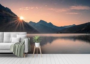 fototapeta wschod slonca na gorze z mglowym w medicine lake