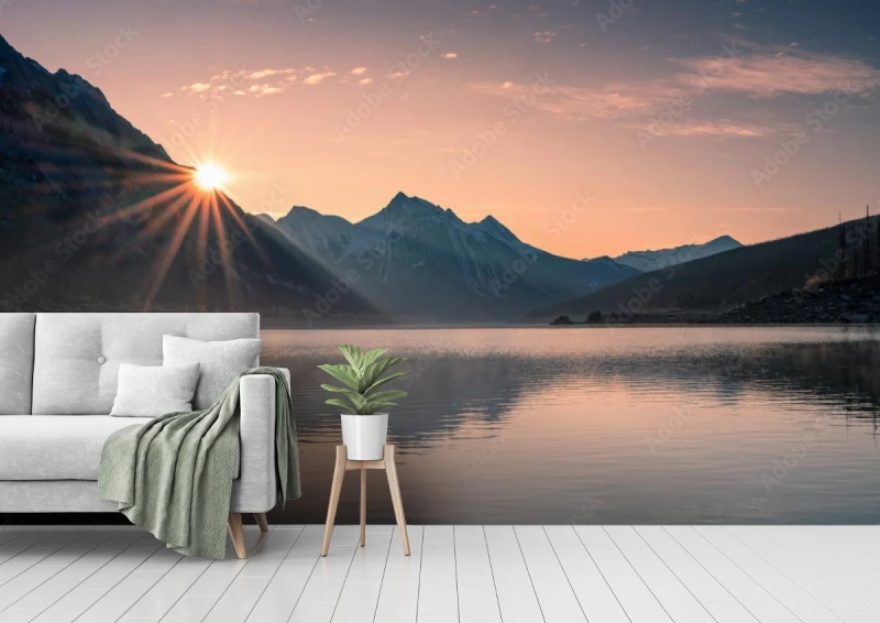 fototapeta wschod slonca na gorze z mglowym w medicine lake