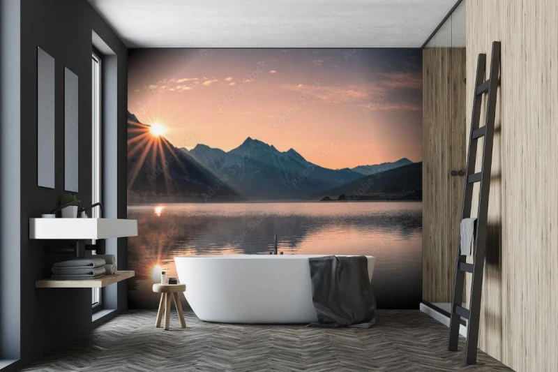 fototapeta wschod slonca na gorze z mglowym w medicine lake