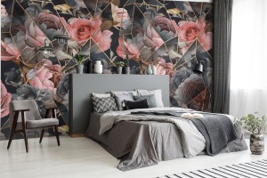 fototapeta ciemne kwiaty roz w stylu geometrycznym 3d