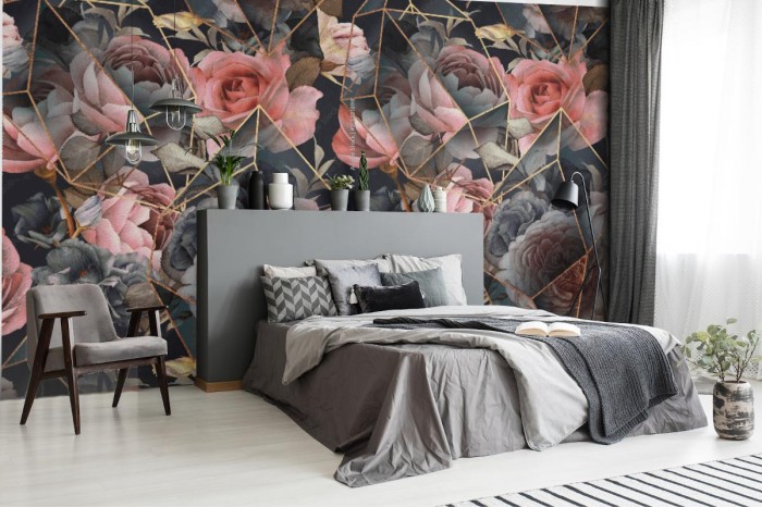 fototapeta ciemne kwiaty roz w stylu geometrycznym 3d