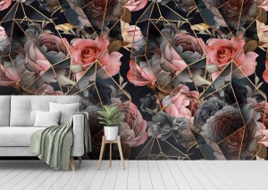 fototapeta ciemne kwiaty roz w stylu geometrycznym 3d