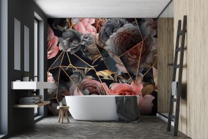fototapeta ciemne kwiaty roz w stylu geometrycznym 3d