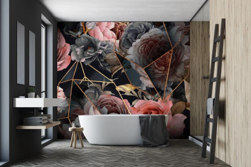 fototapeta ciemne kwiaty roz w stylu geometrycznym 3d