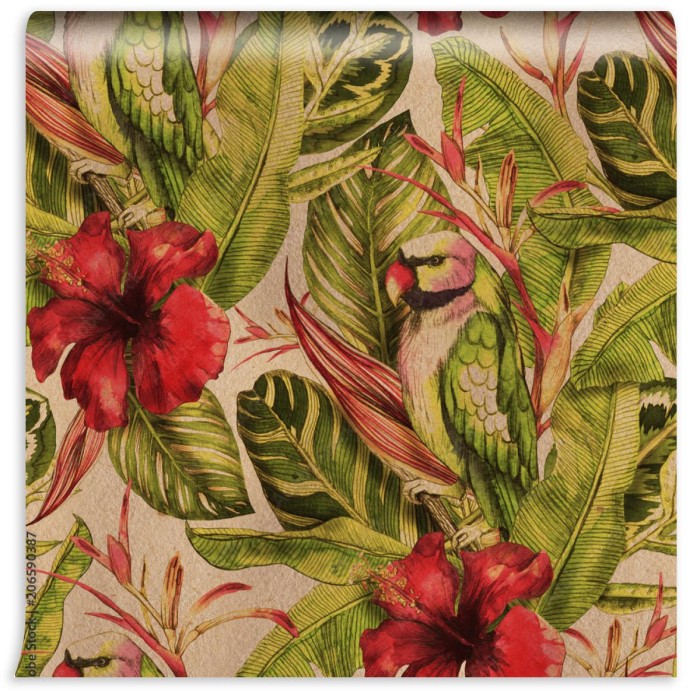 fototapeta akwarela wzor z hibiskusa lisci palmowych g