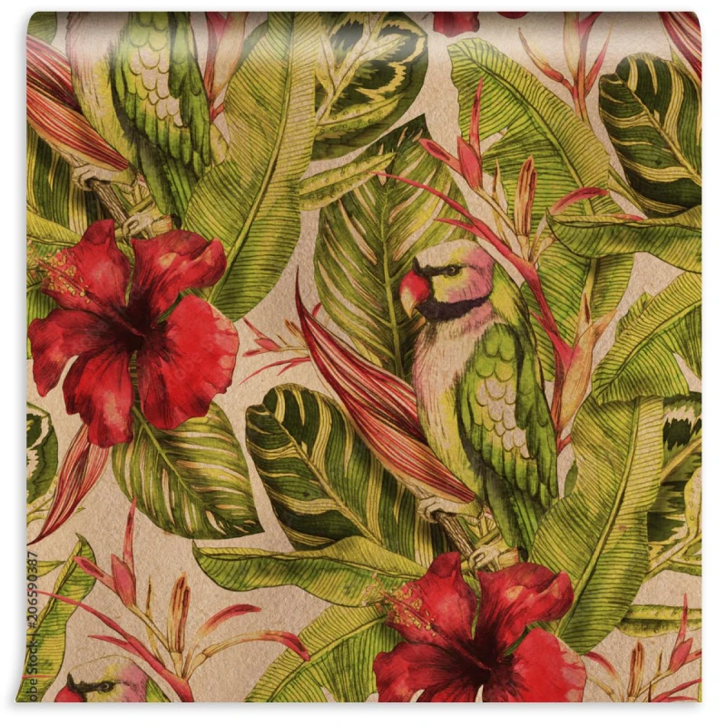 fototapeta akwarela wzor z hibiskusa lisci palmowych g