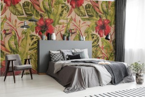fototapeta akwarela wzor z hibiskusa lisci palmowych g